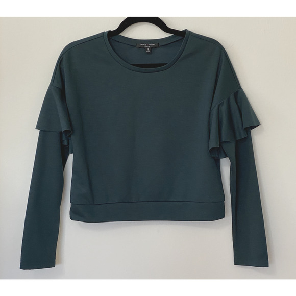 Romeo & Juliet Hunter Green Ruffle Long Sleeve Knit Round Neck Sweater S - Picture 1 of 9